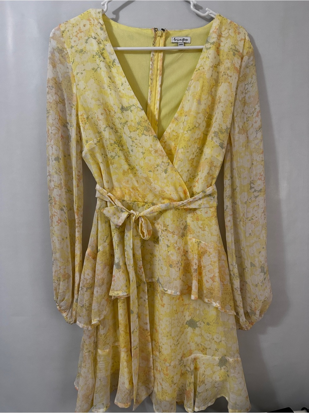 #90 love, Fire Yellow Floral Long Sleeve Wrap Dress